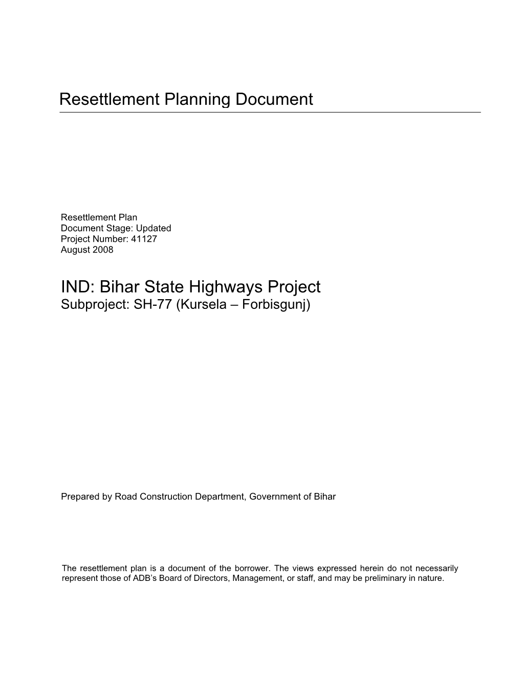 Bihar State Highways Project Subproject: SH-77 (Kursela – Forbisgunj)