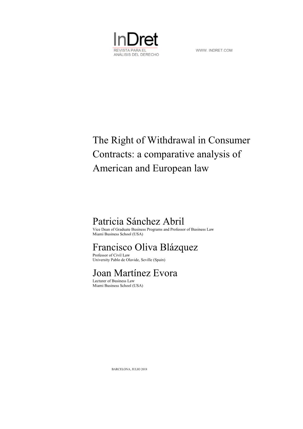 The Right of Withdrawal in Consumer Contracts: a Comparative Analysis of American and European Law