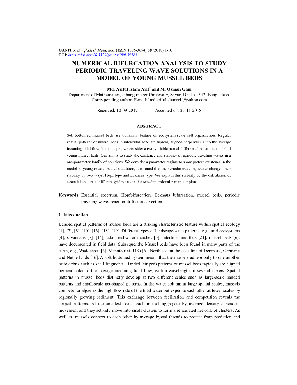 Numerical Bifurcation Analysis to Study Periodic Traveling Wave Solutions in a Model of Young Mussel Beds