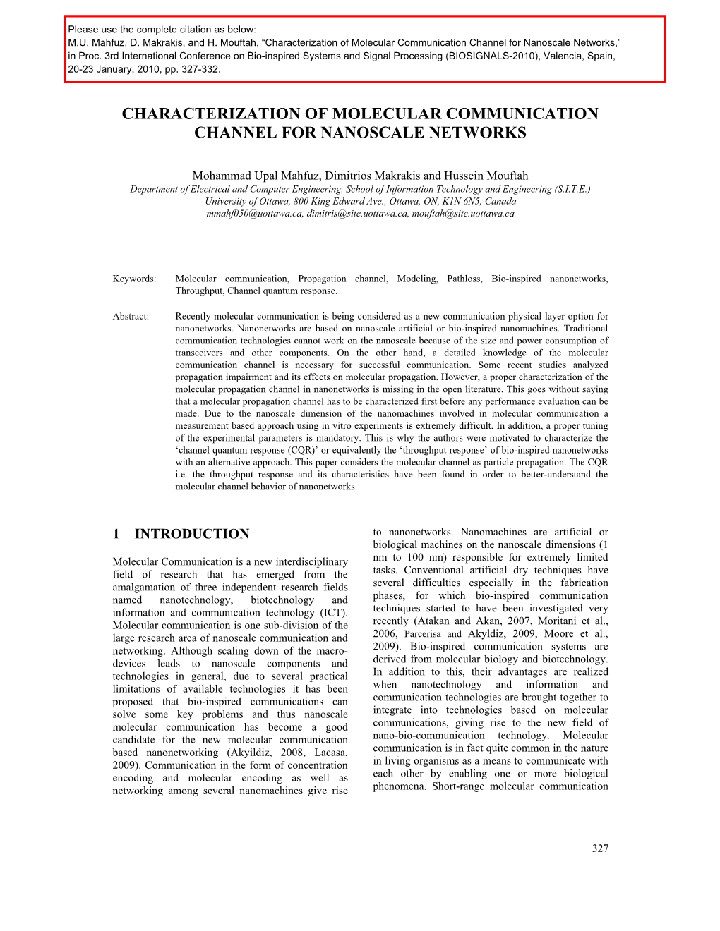 Characterization of Molecular Communication Channel for Nanoscale Networks,” in Proc