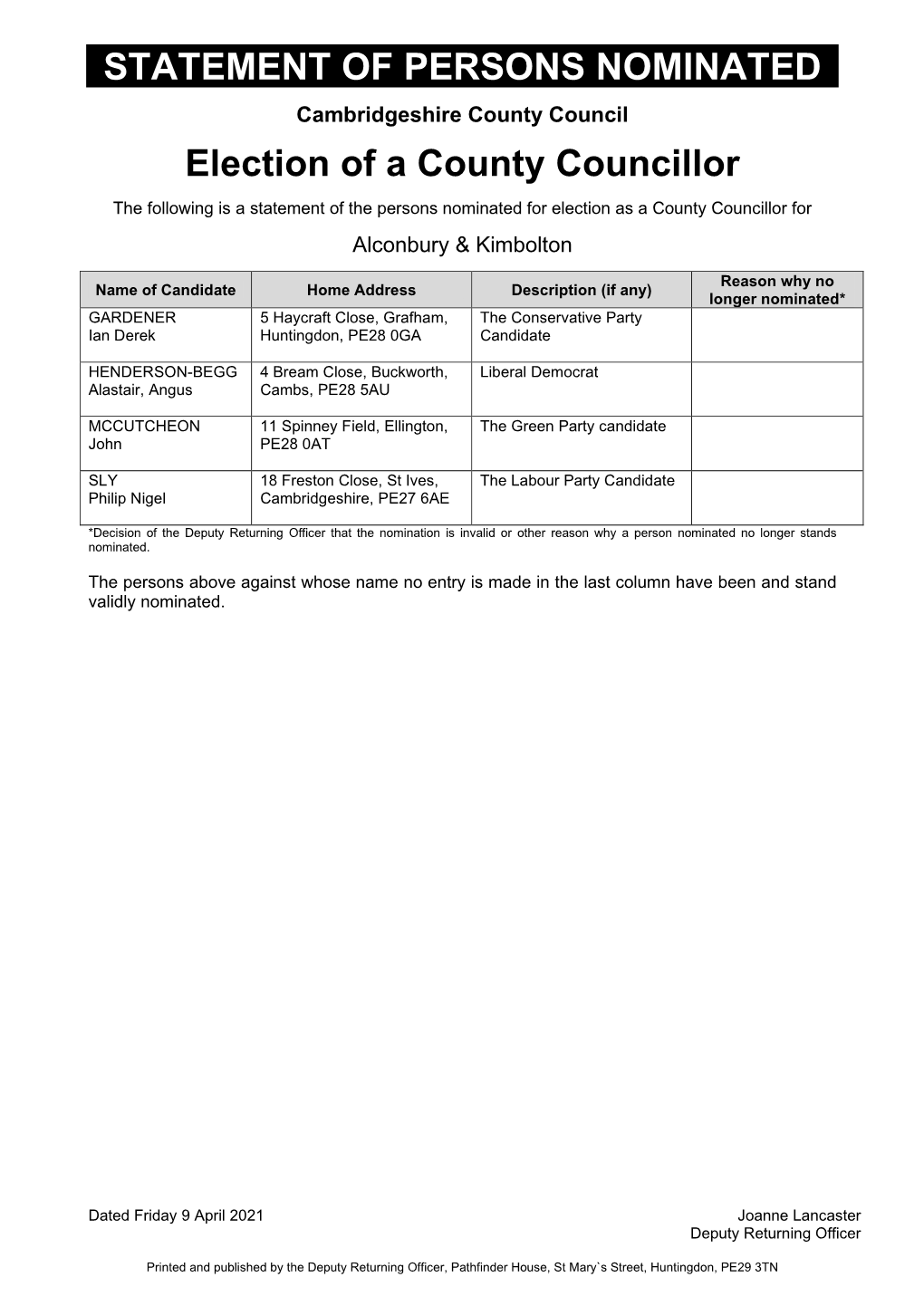 STATEMENT of PERSONS NOMINATED Election of a County