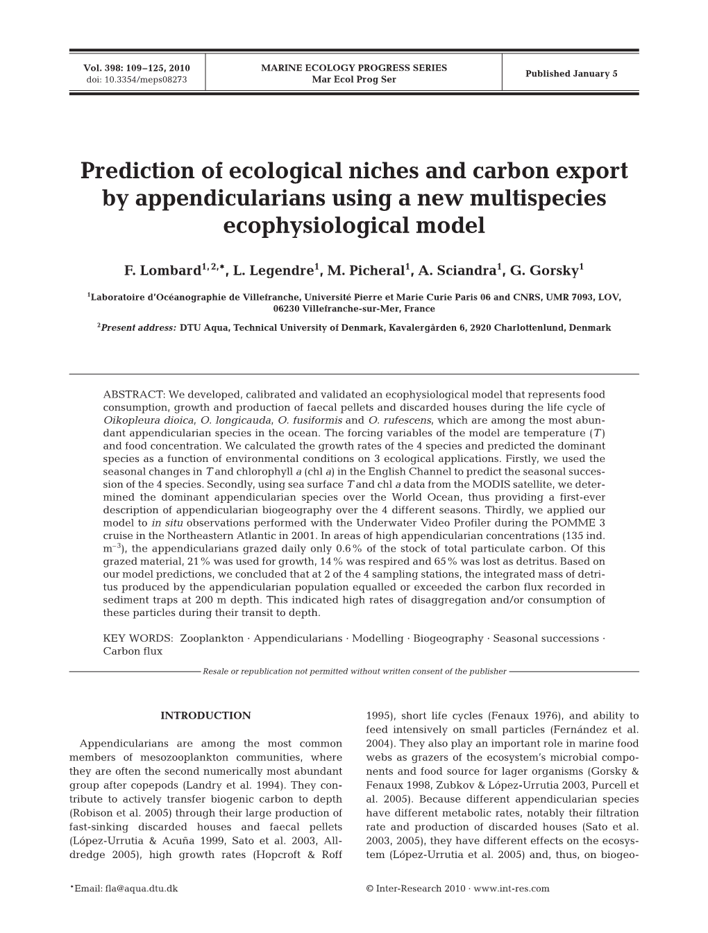 Prediction of Ecological Niches and Carbon Export by Appendicularians Using a New Multispecies Ecophysiological Model