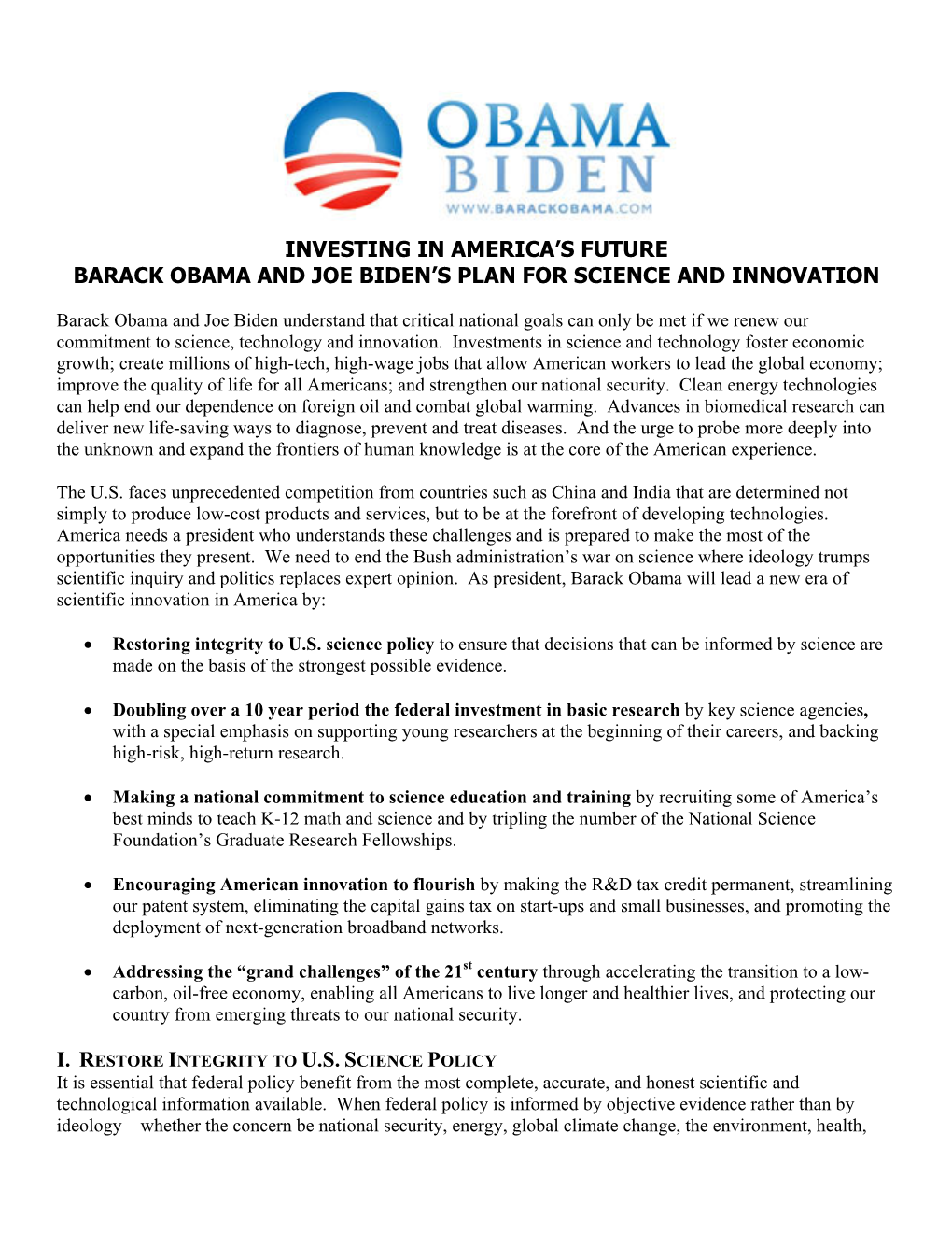 Investing in America's Future Barack Obama and Joe Biden's Plan For