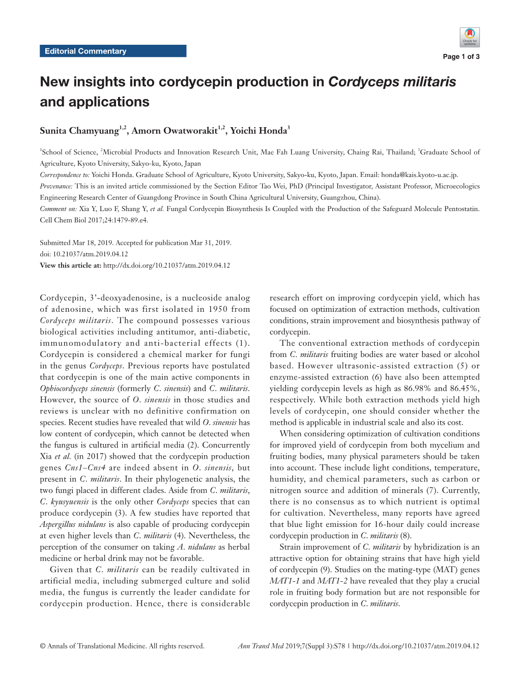 New Insights Into Cordycepin Production in Cordyceps Militaris and Applications