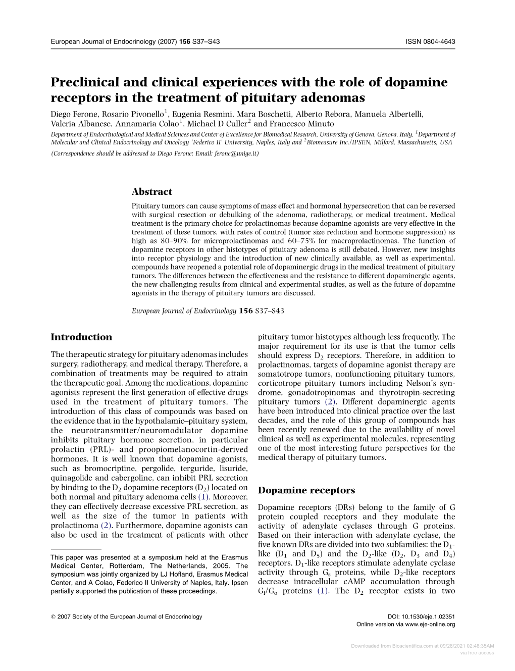 Preclinical and Clinical Experiences with the Role of Dopamine Receptors in the Treatment of Pituitary Adenomas