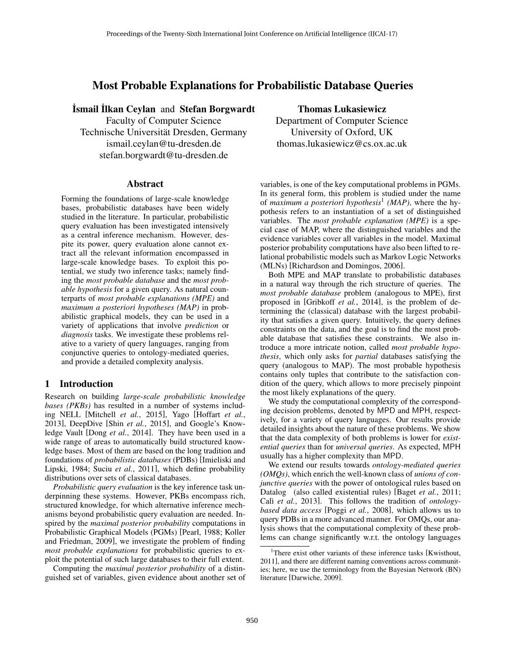 Most Probable Explanations for Probabilistic Database Queries