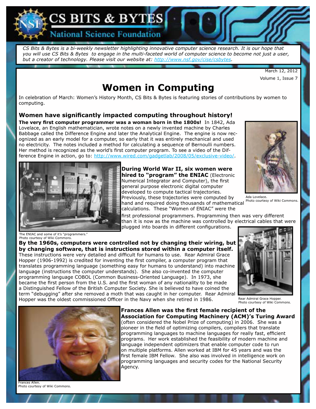 Women in Computing in Celebration of March: Women’S History Month, CS Bits & Bytes Is Featuring Stories of Contributions by Women to Computing