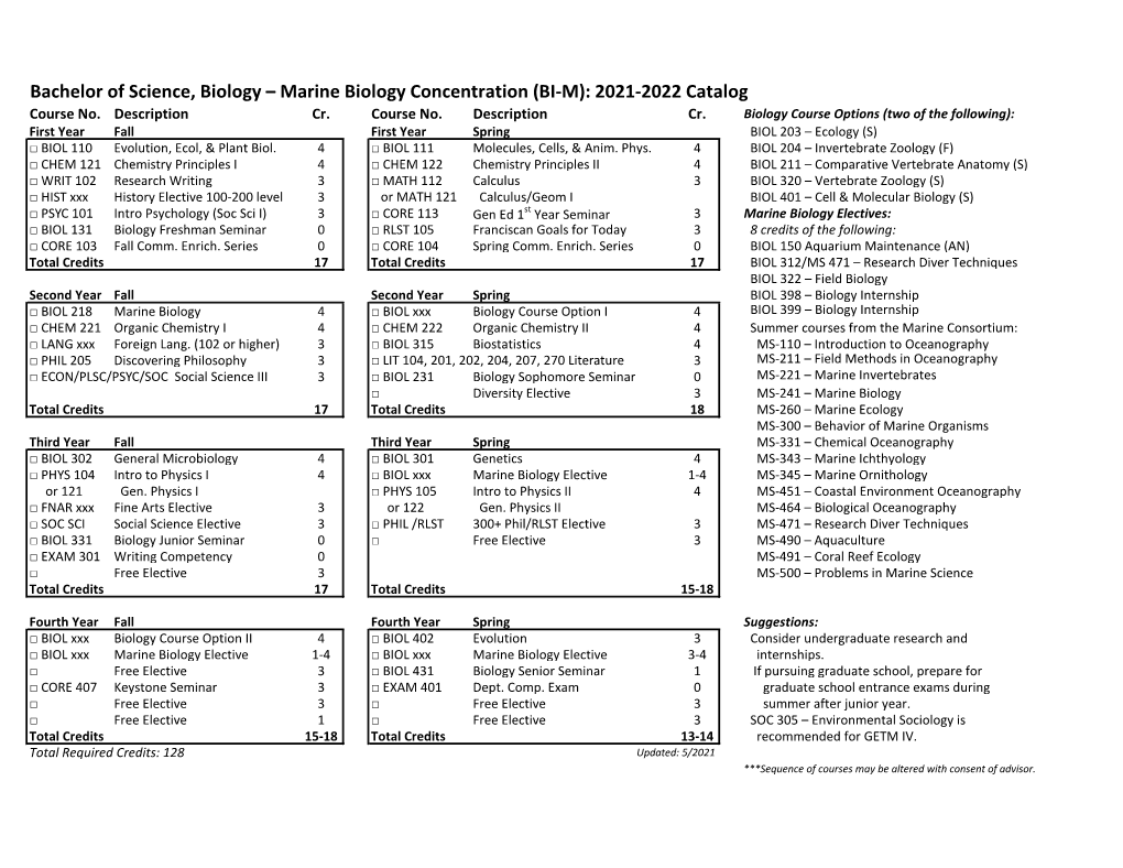 Bachelor of Science, Biology – Marine Biology Concentration (BI-M): 2021-2022 Catalog Course No