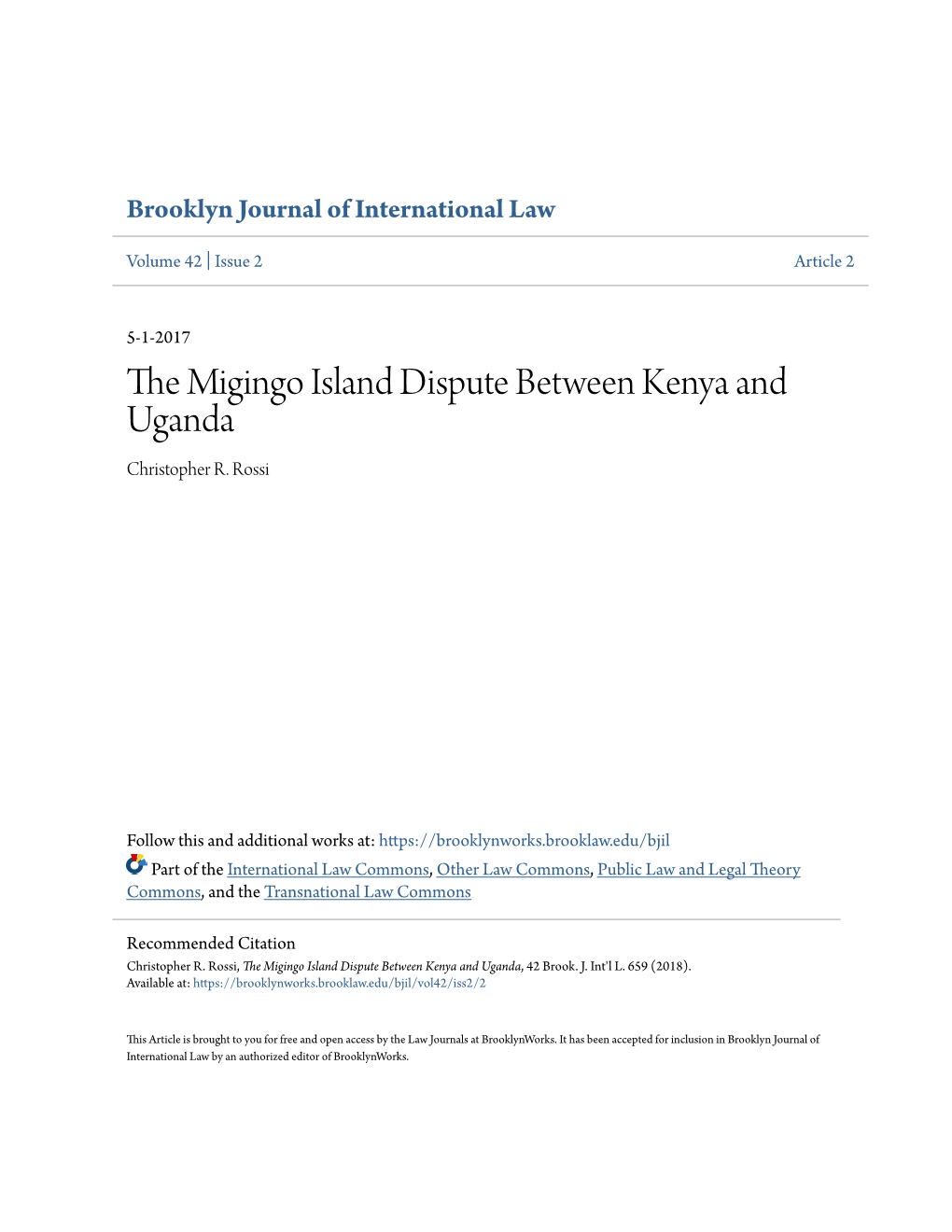 The Migingo Island Dispute Between Kenya and Uganda, 42 Brook