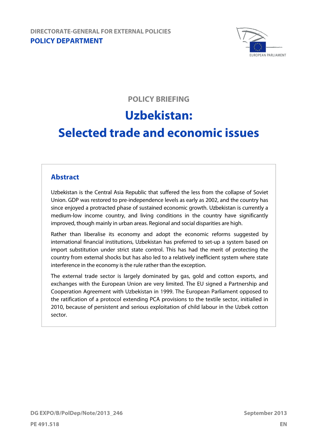 Uzbekistan: Selected Trade and Economic Issues