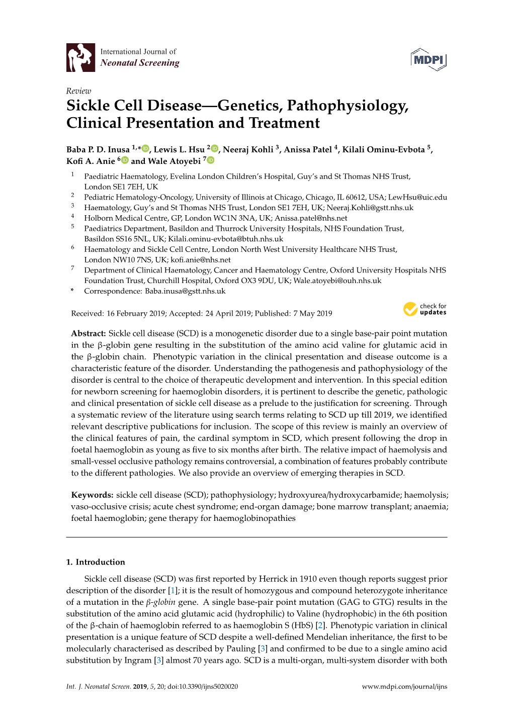 Sickle Cell Disease—Genetics, Pathophysiology, Clinical Presentation and Treatment