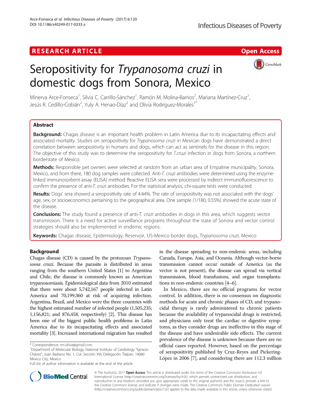 Seropositivity for Trypanosoma Cruzi in Domestic Dogs from Sonora, Mexico Minerva Arce-Fonseca1, Silvia C