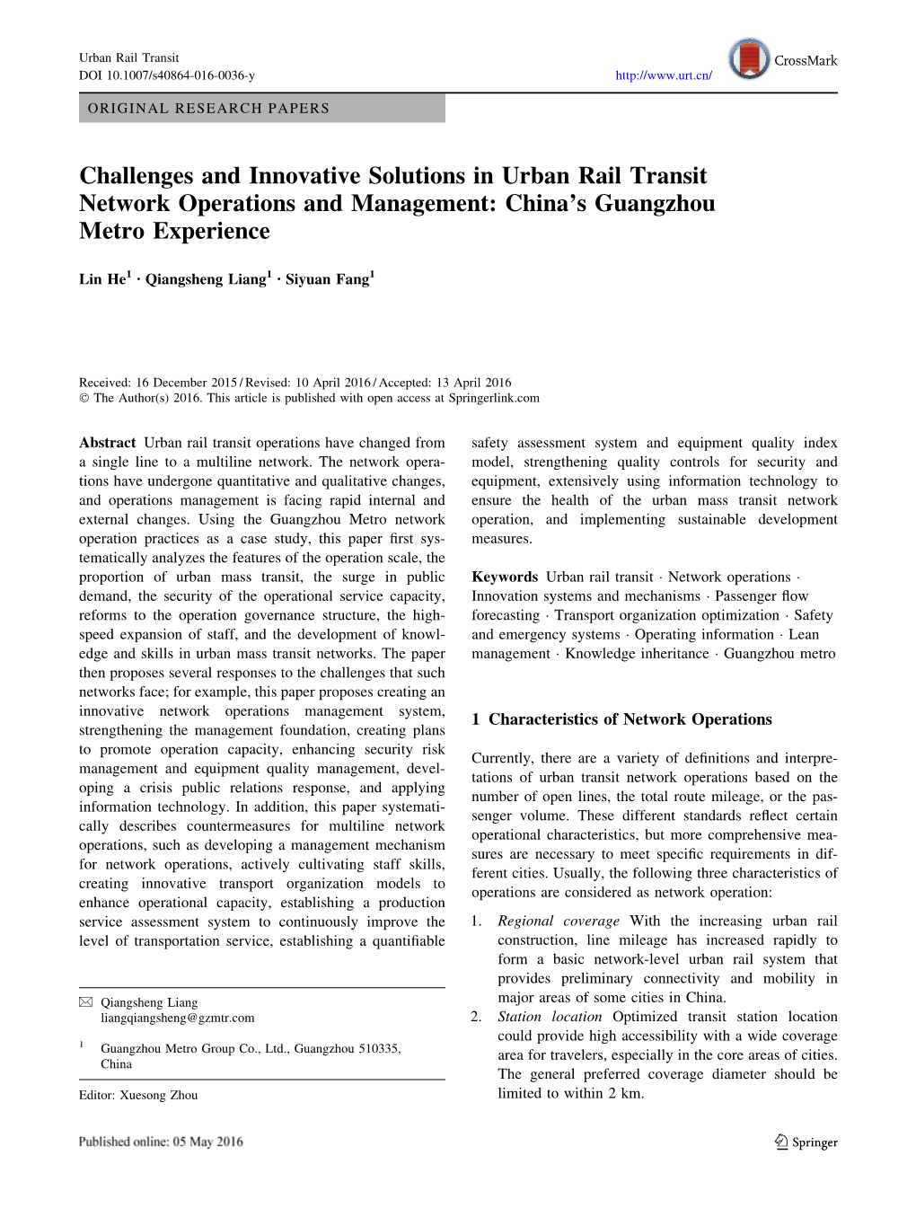 Challenges and Innovative Solutions in Urban Rail Transit Network Operations and Management: China’S Guangzhou Metro Experience