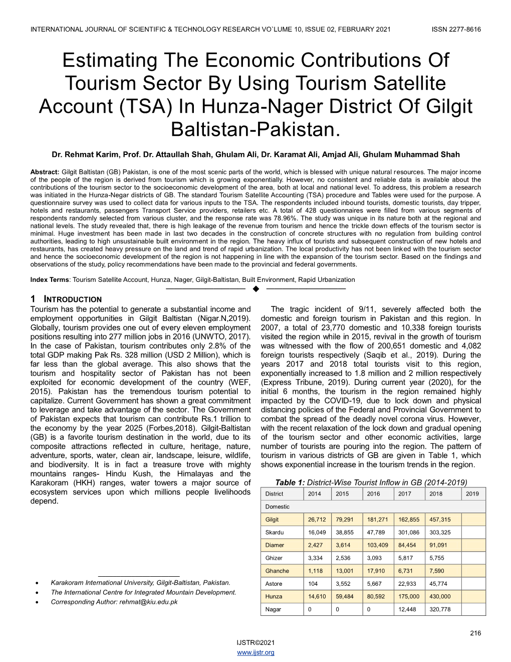 Estimating the Economic Contributions of Tourism Sector by Using Tourism Satellite Account (TSA) in Hunza-Nager District of Gilgit Baltistan-Pakistan