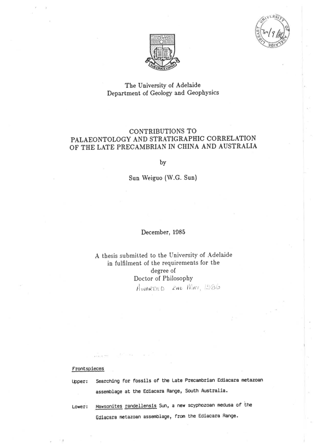 Contributions to Palaeontology and Stratigraphic Correlation of the Late