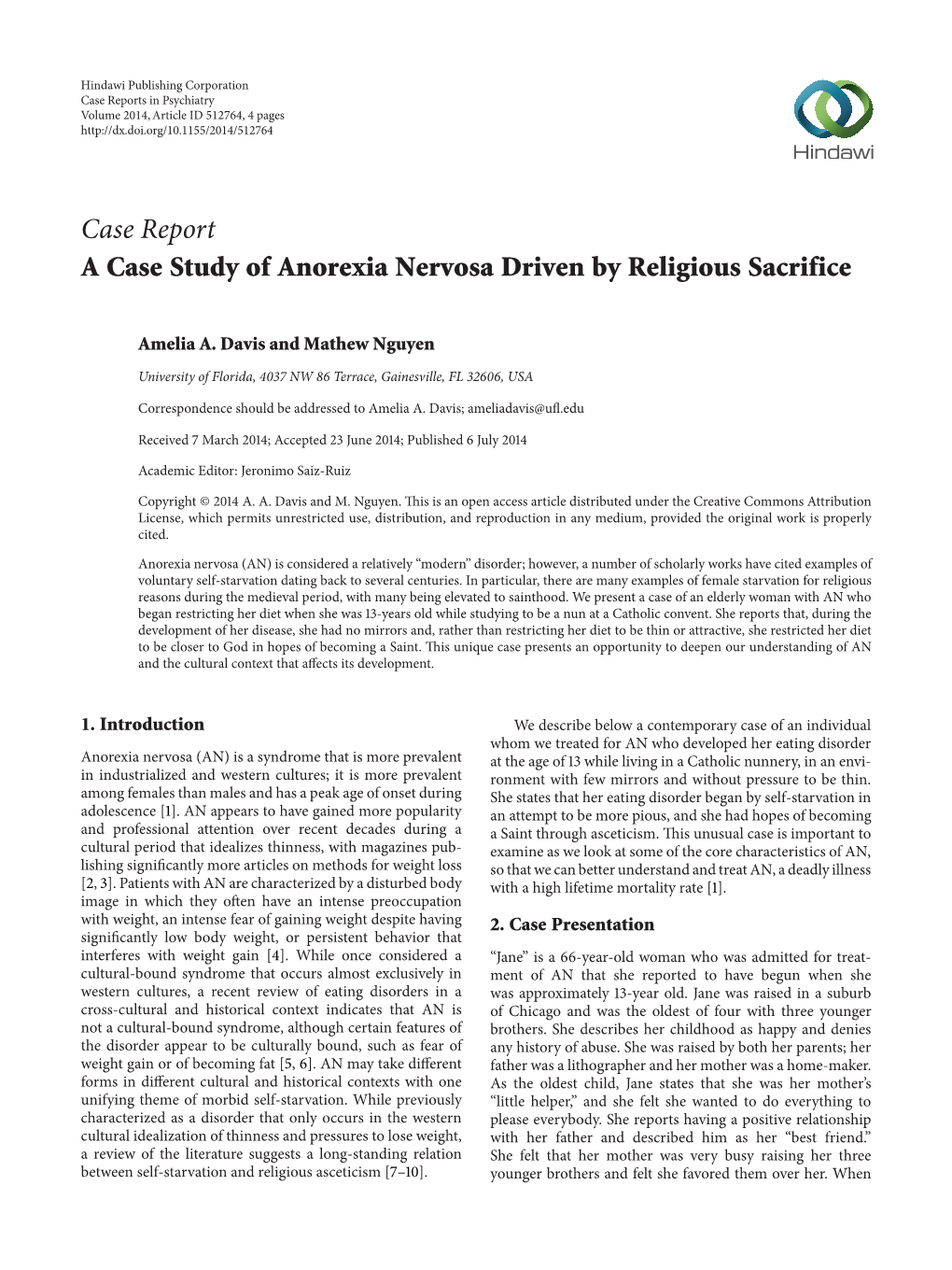 A Case Study of Anorexia Nervosa Driven by Religious Sacrifice