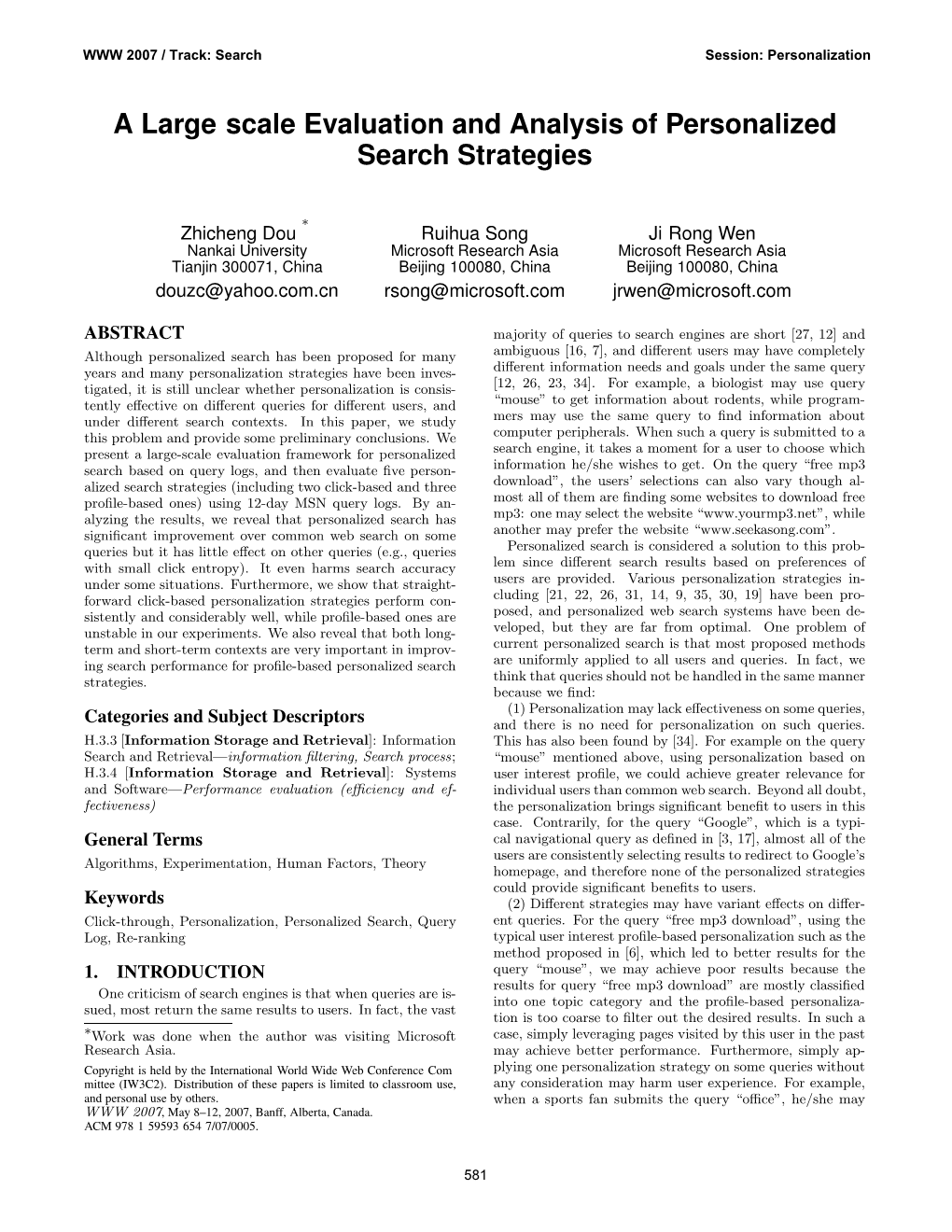 A Large-Scale Evaluation and Analysis of Personalized Search Strategies