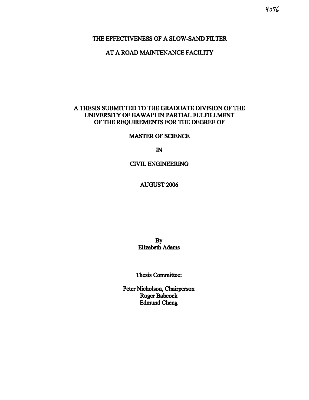 Tile EFFECTIVENESS of a SLOW-SAND FILTER at a ROAD