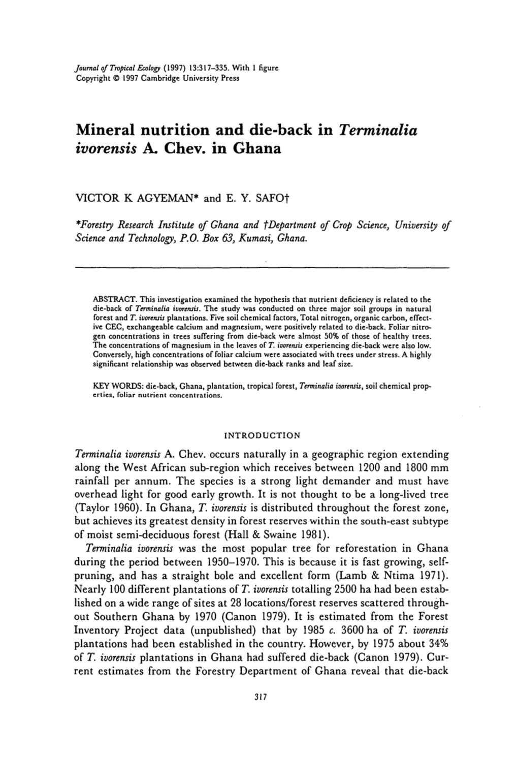 Mineral Nutrition and Die-Back in Terminalia Ivorensis A. Chev. in Ghana