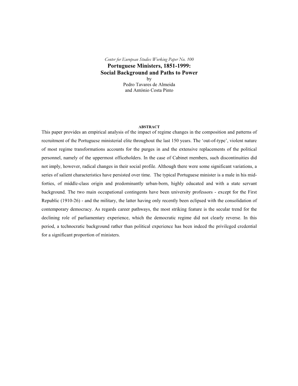 Portuguese Ministers, 1851-1999: Social Background and Paths to Power by Pedro Tavares De Almeida and António Costa Pinto