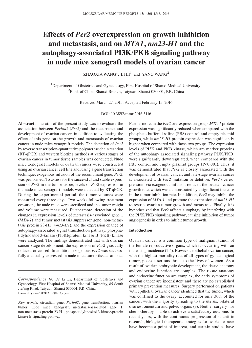 Effects of Per2 Overexpression on Growth Inhibition and Metastasis