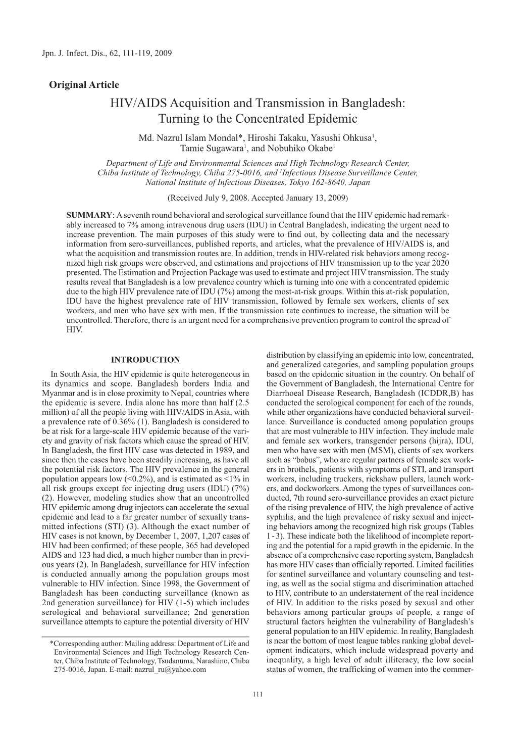 HIV/AIDS Acquisition and Transmission in Bangladesh: Turning to the Concentrated Epidemic Md