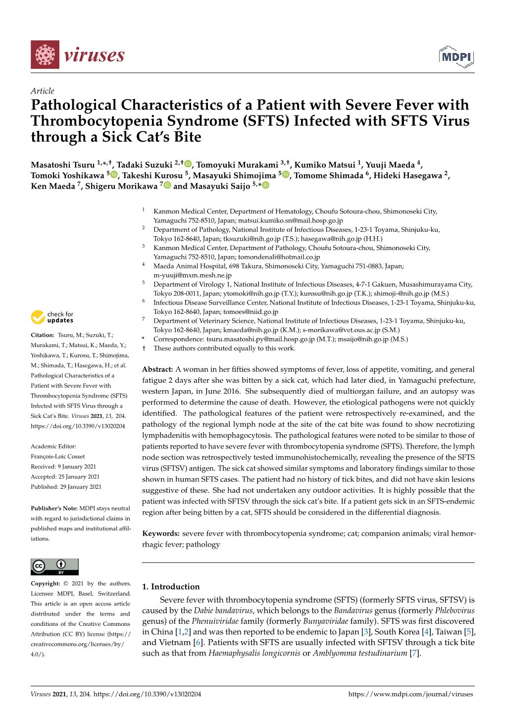 Pathological Characteristics of a Patient with Severe Fever with Thrombocytopenia Syndrome (SFTS) Infected with SFTS Virus Through a Sick Cat’S Bite