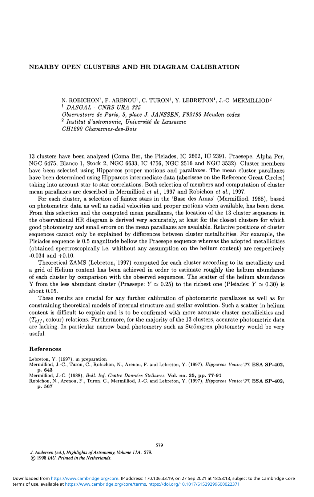 Nearby Open Clusters and Hr Diagram Calibration N