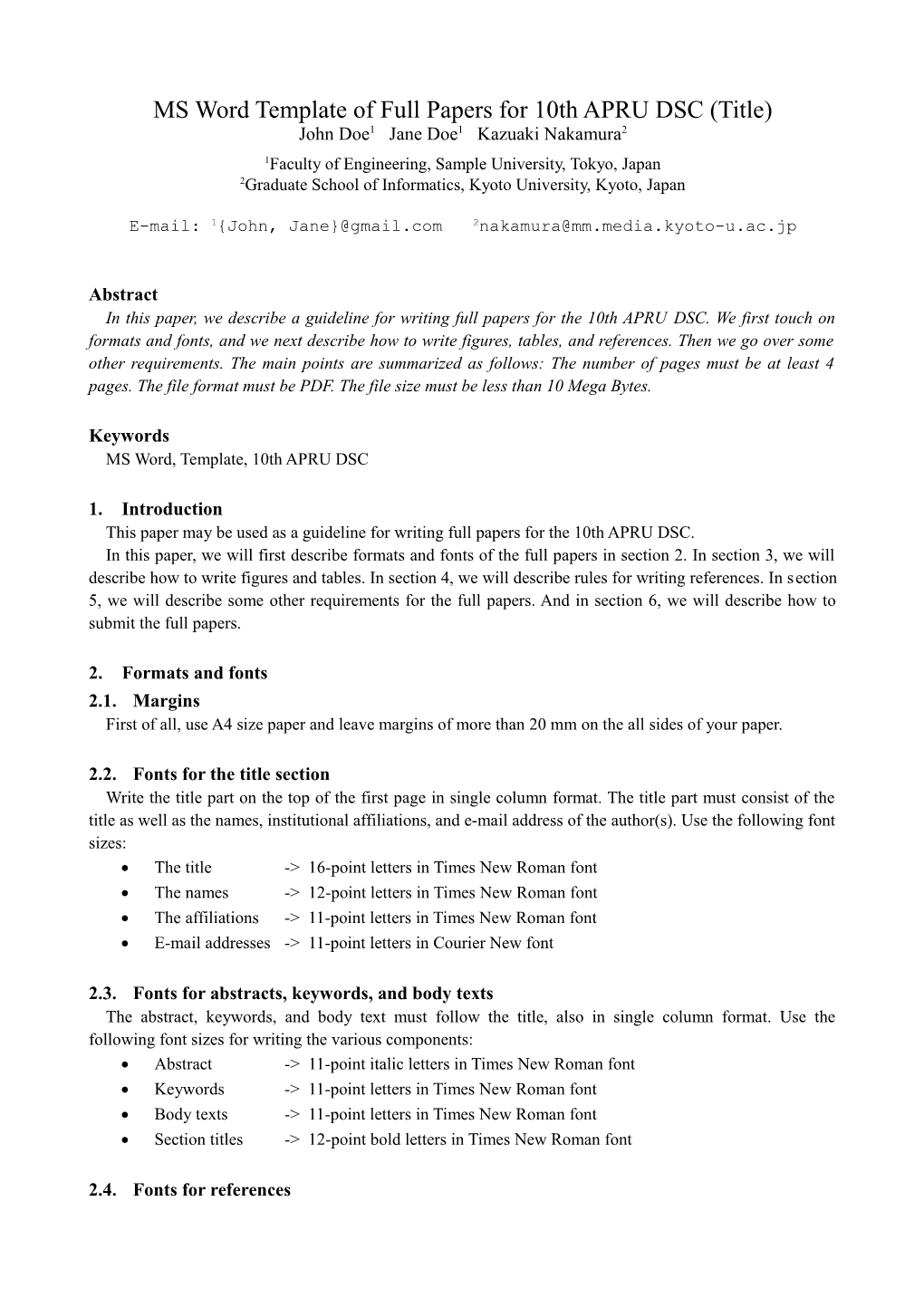 MS Word Template of Full Papers for 10Th APRU DSC (Title)