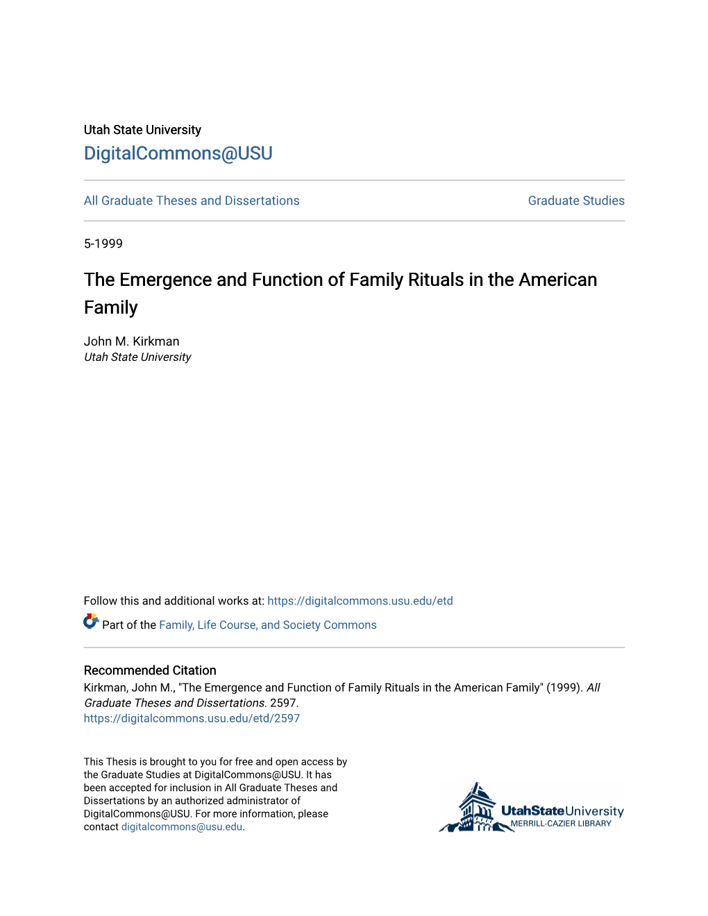 The Emergence and Function of Family Rituals in the American Family