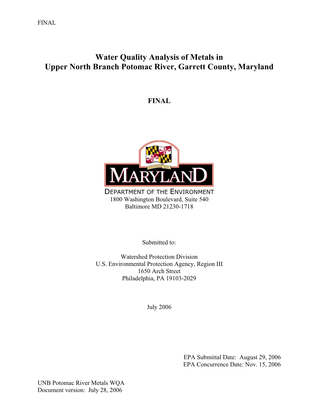 Water Quality Analysis of Metals in Upper North Branch Potomac River, Garrett County, Maryland