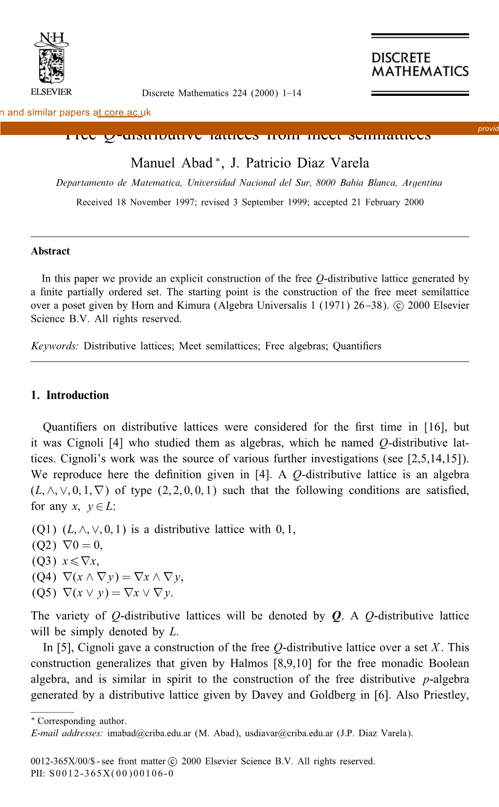 Free Q-Distributive Lattices from Meet Semilattices Provided by Elsevier - Publisher Connector Manuel Abad ∗, J