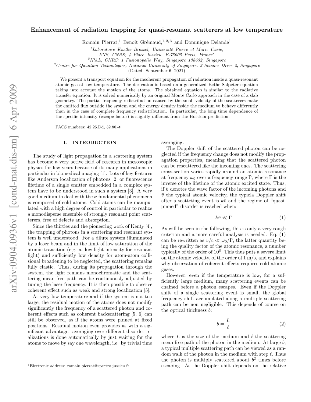 Arxiv:0904.0936V1 [Cond-Mat.Dis-Nn] 6 Apr 2009 Tm Omv Ysyoewvlnt,Ie Ytiiltime Trivial by the I.E