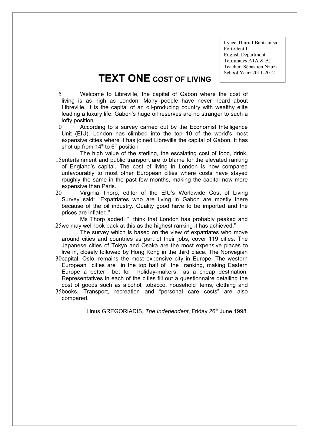 Text One Cost of Living