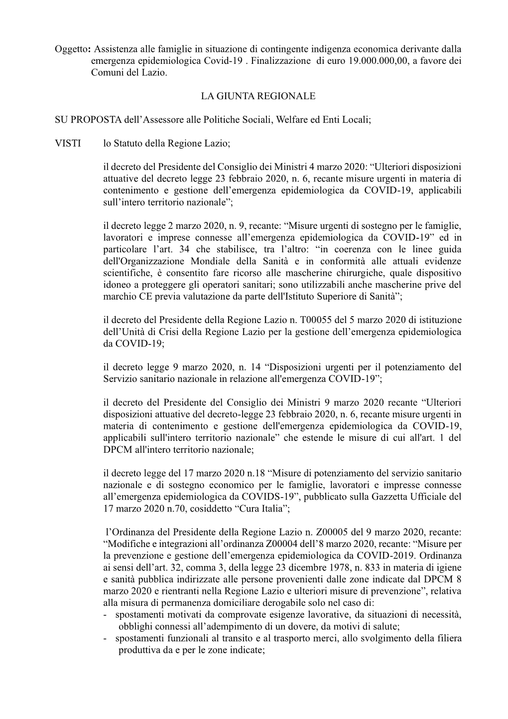 Assistenza Alle Famiglie in Situazione Di Contingente Indigenza Economica Derivante Dalla Emergenza Epidemiologica Covid-19