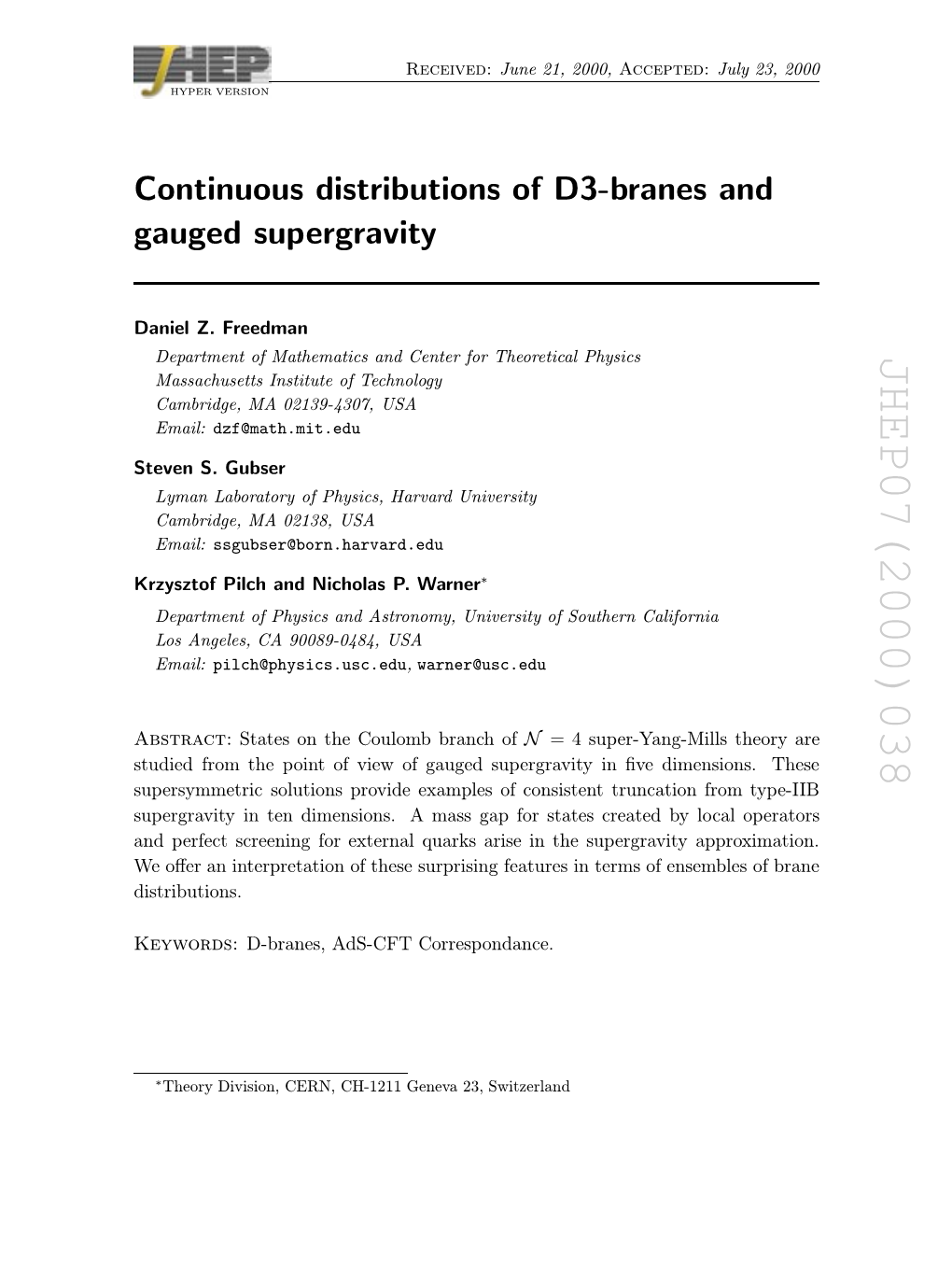 Continuous Distributions of D3-Branes and Gauged Supergravity