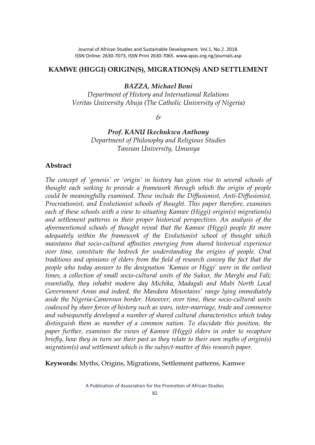 Kamwe (Higgi) Origin(S), Migration(S) and Settlement