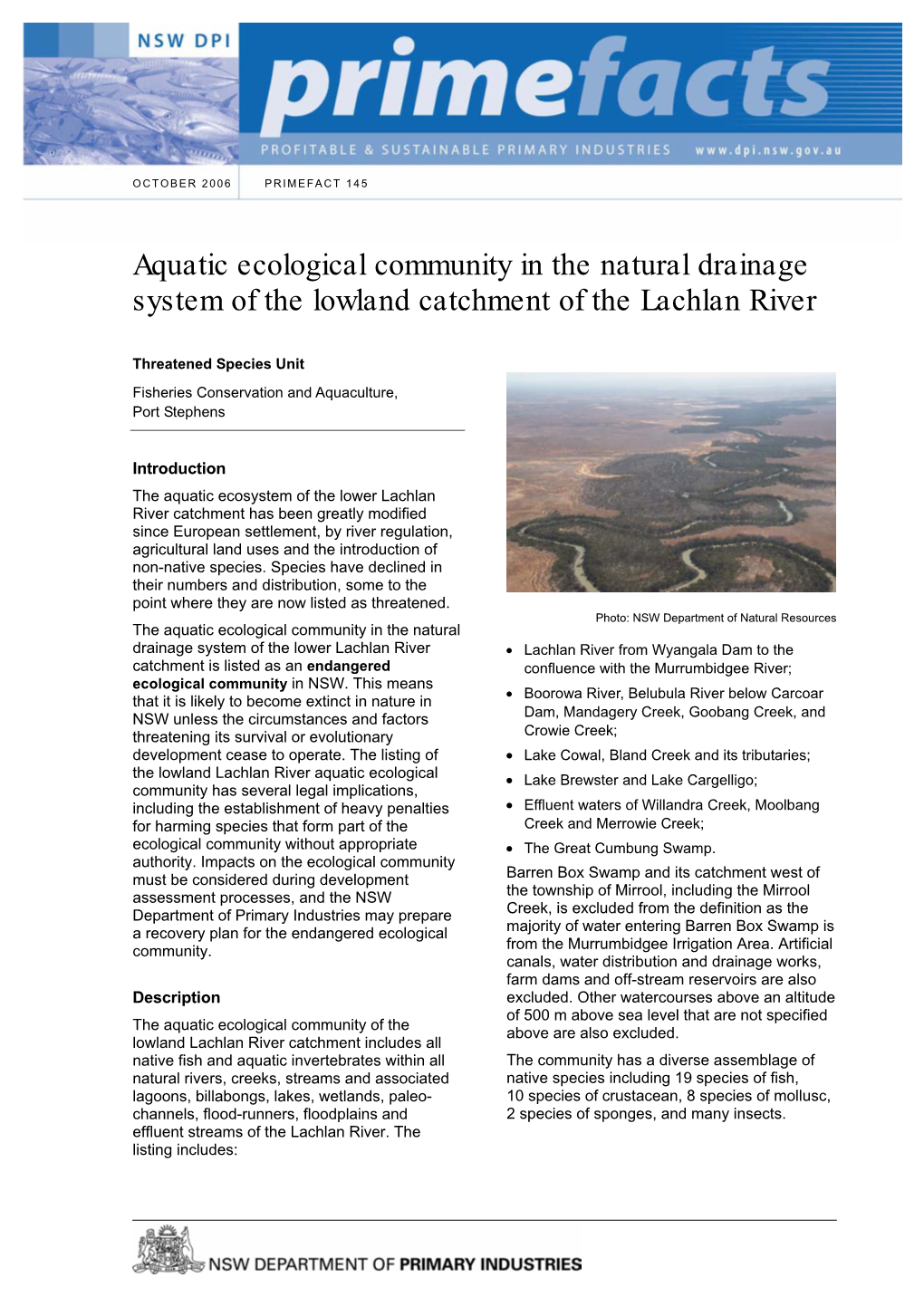 Aquatic Ecological Community in the Natural Drainage System of the Lowland Catchment of the Lachlan River