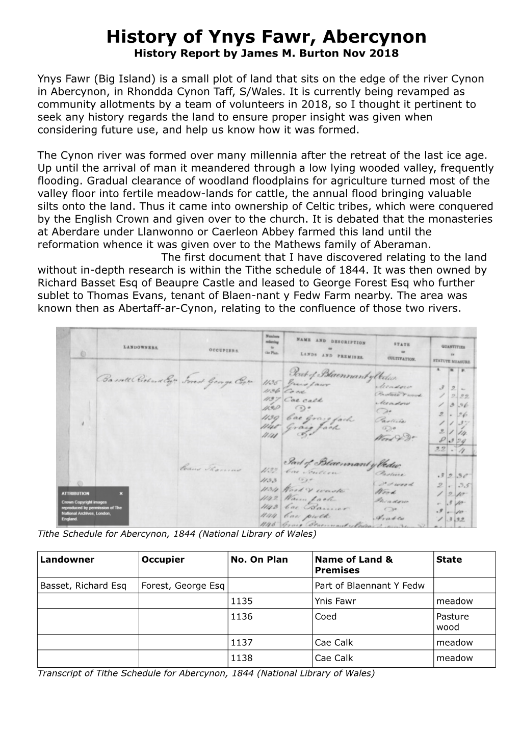 History of Ynys Fawr, Abercynon History Report by James M