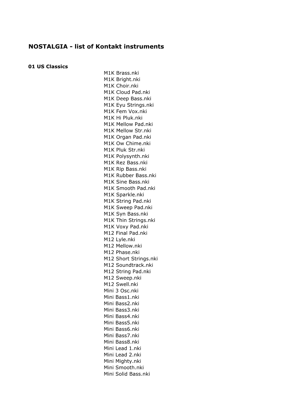 NOSTALGIA - List of Kontakt Instruments
