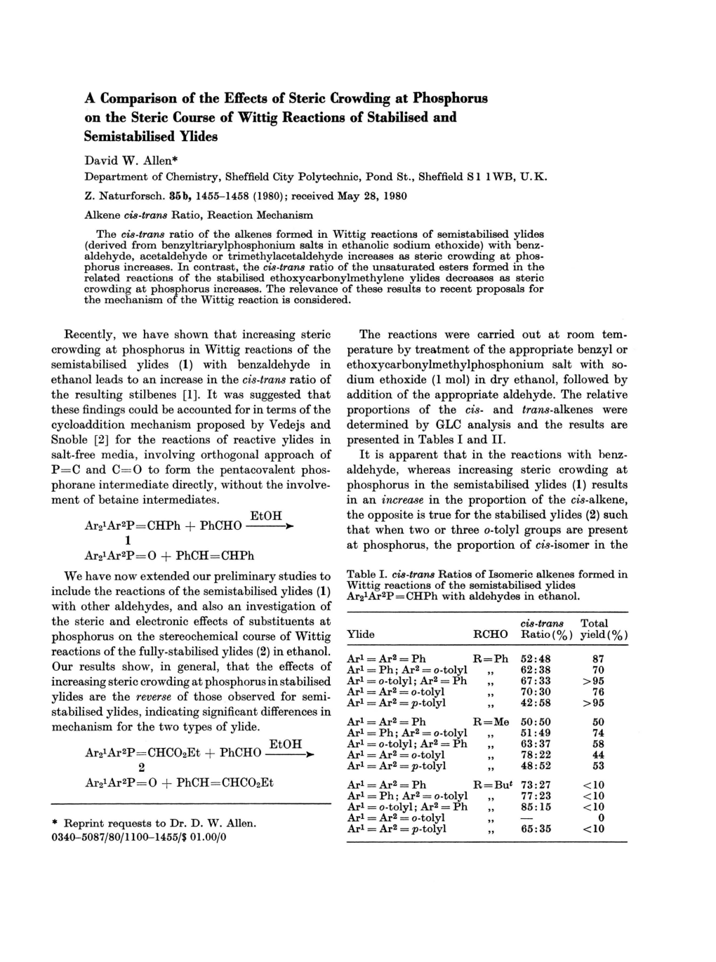 A Comparison of the Effects of Steric Crowding at Phosphorus on the Steric Course of Wittig Reactions of Stabilised and Semistabilised Ylides