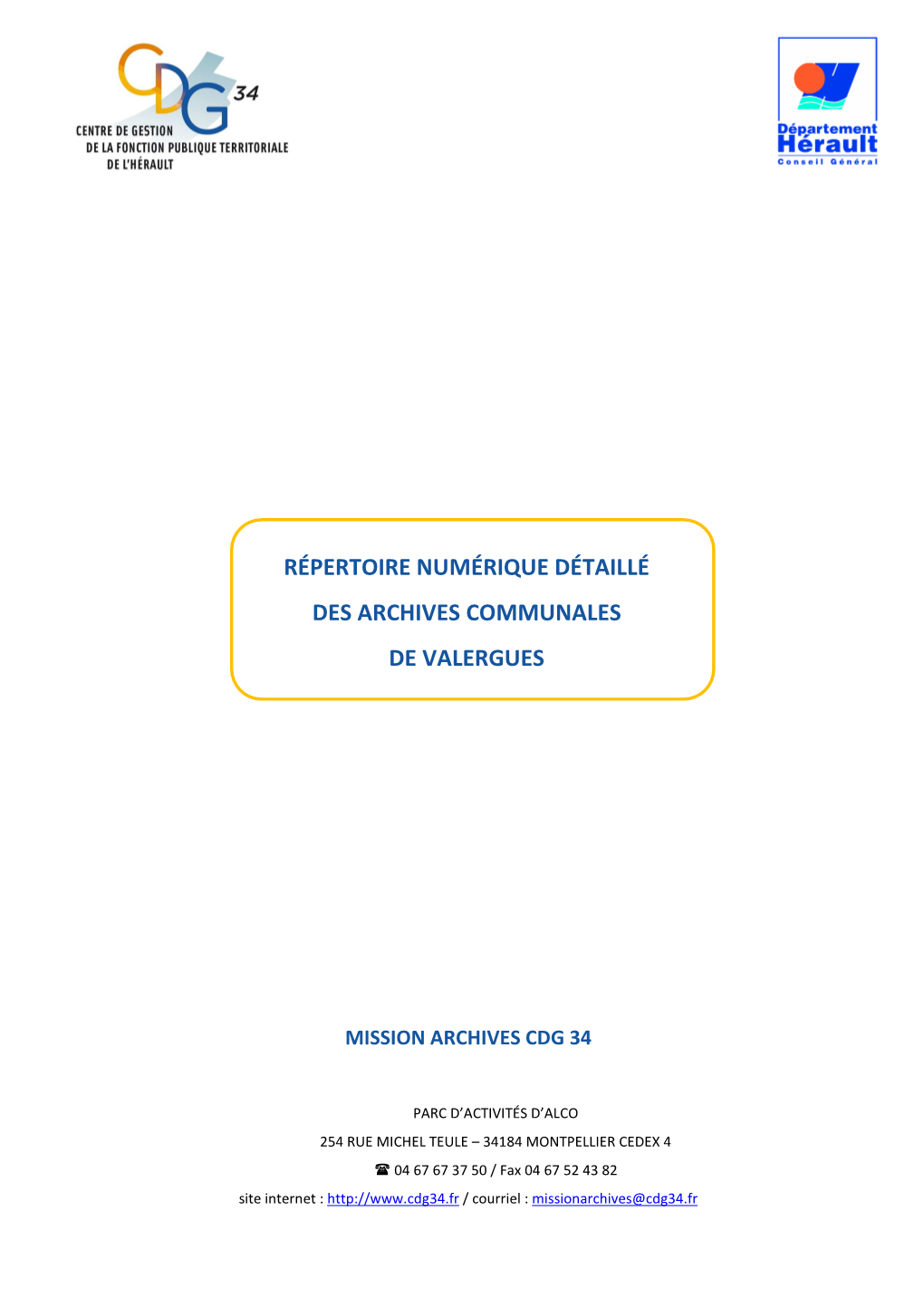 Répertoire Numérique Détaillé Des Archives Communales De Valergues