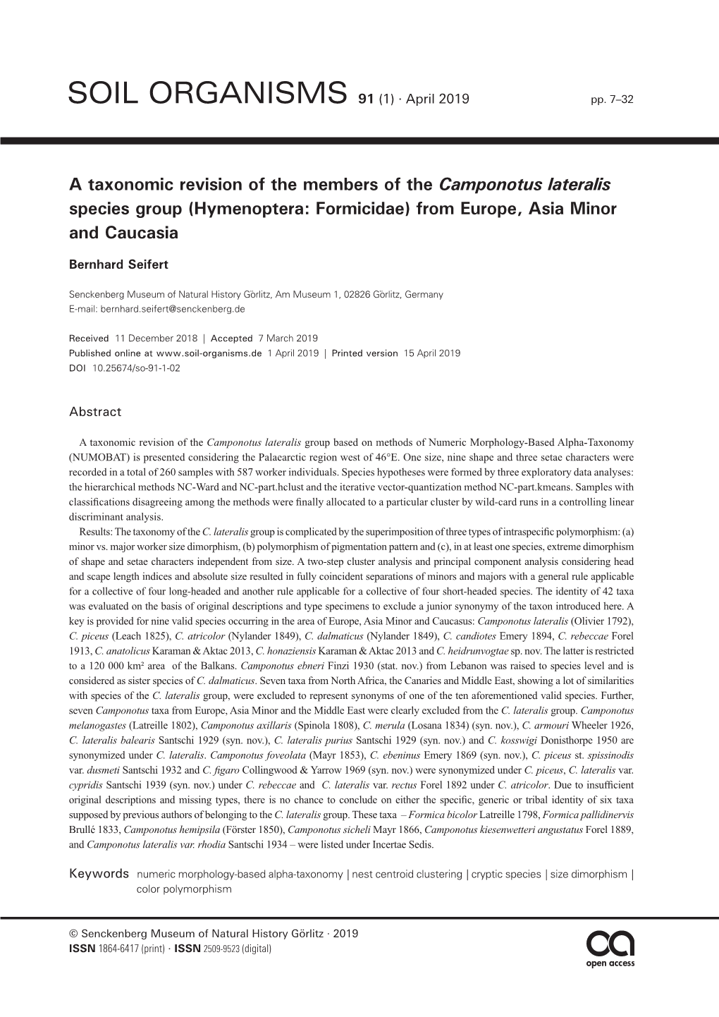 A Taxonomic Revision of the Members of the Camponotus Lateralis Species Group (Hymenoptera: Formicidae) from Europe, Asia Minor and Caucasia
