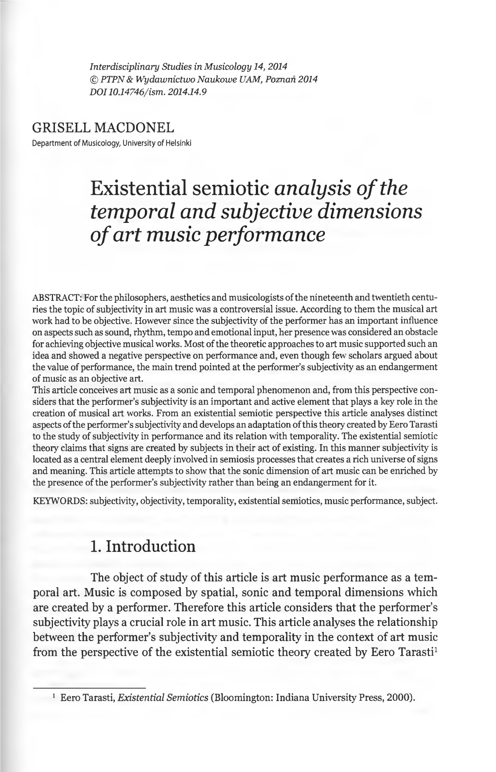Existential Semiotic Analysis of the Temporal and Subjective Dimensions of Art Music Performance