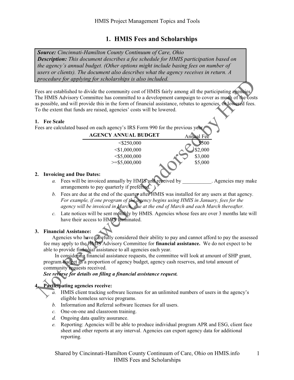 HMIS Project Management Tools: Fee Structure