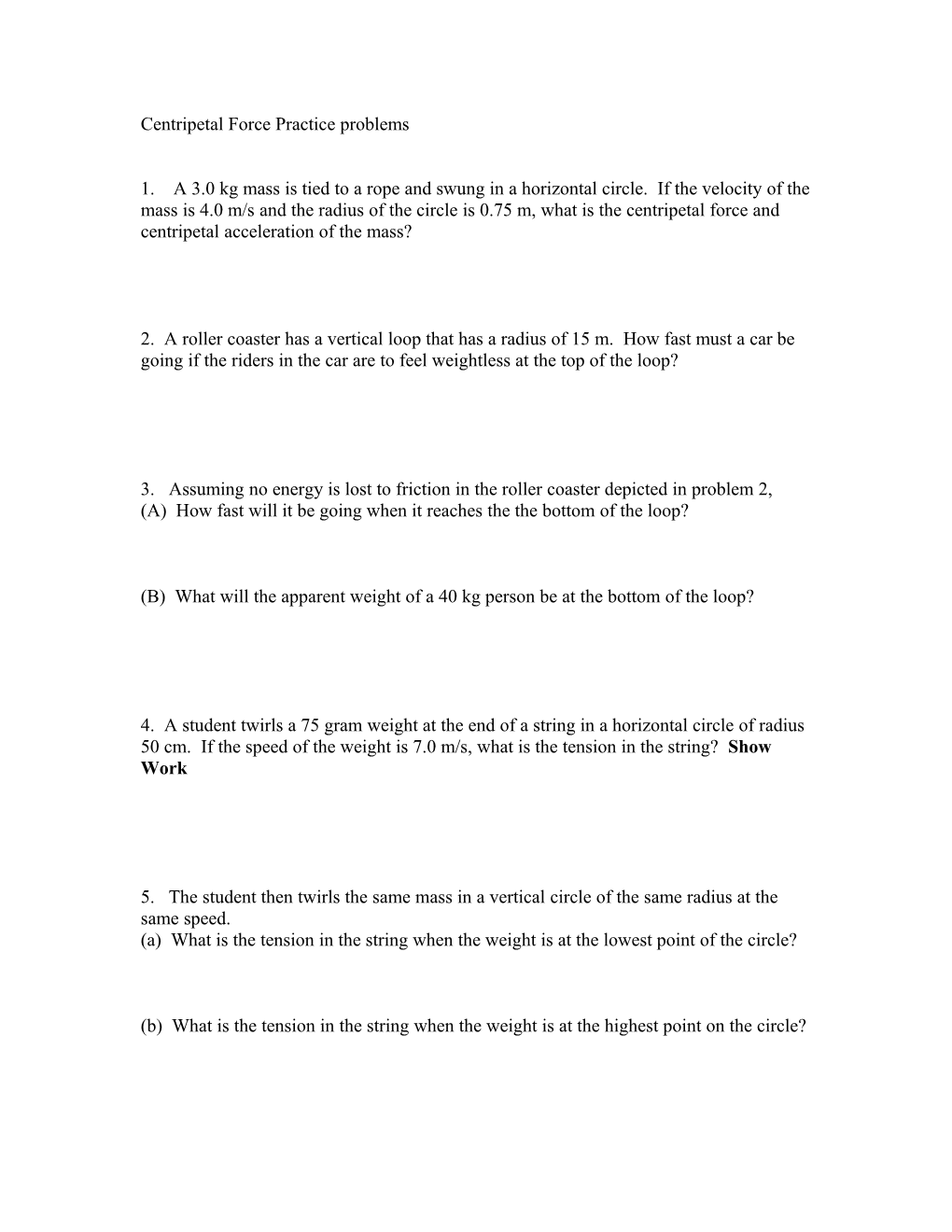 Centripetal Force Practice Problems