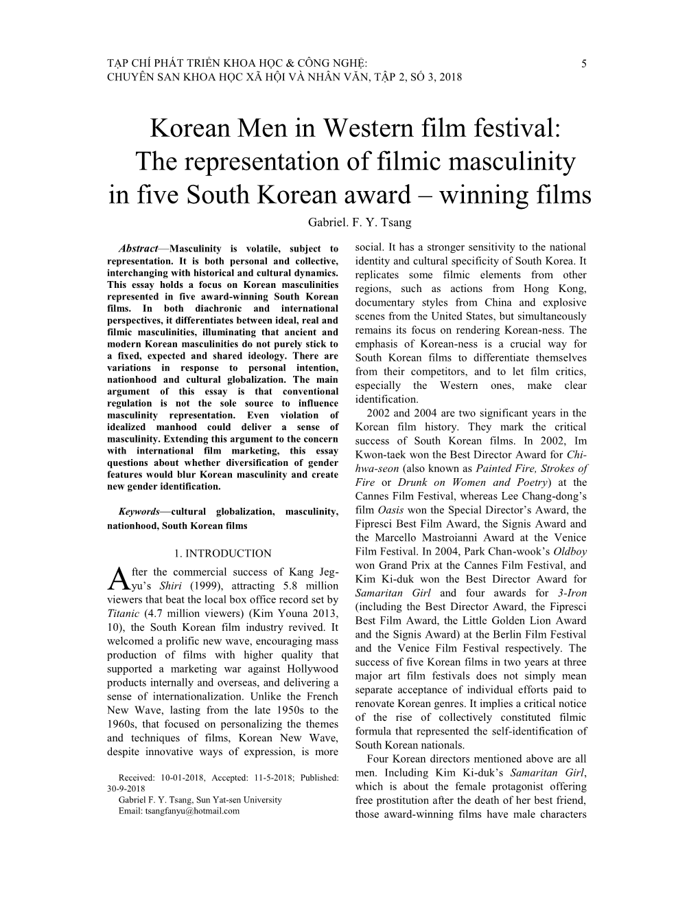The Representation of Filmic Masculinity in Five South Korean Award – Winning Films Gabriel