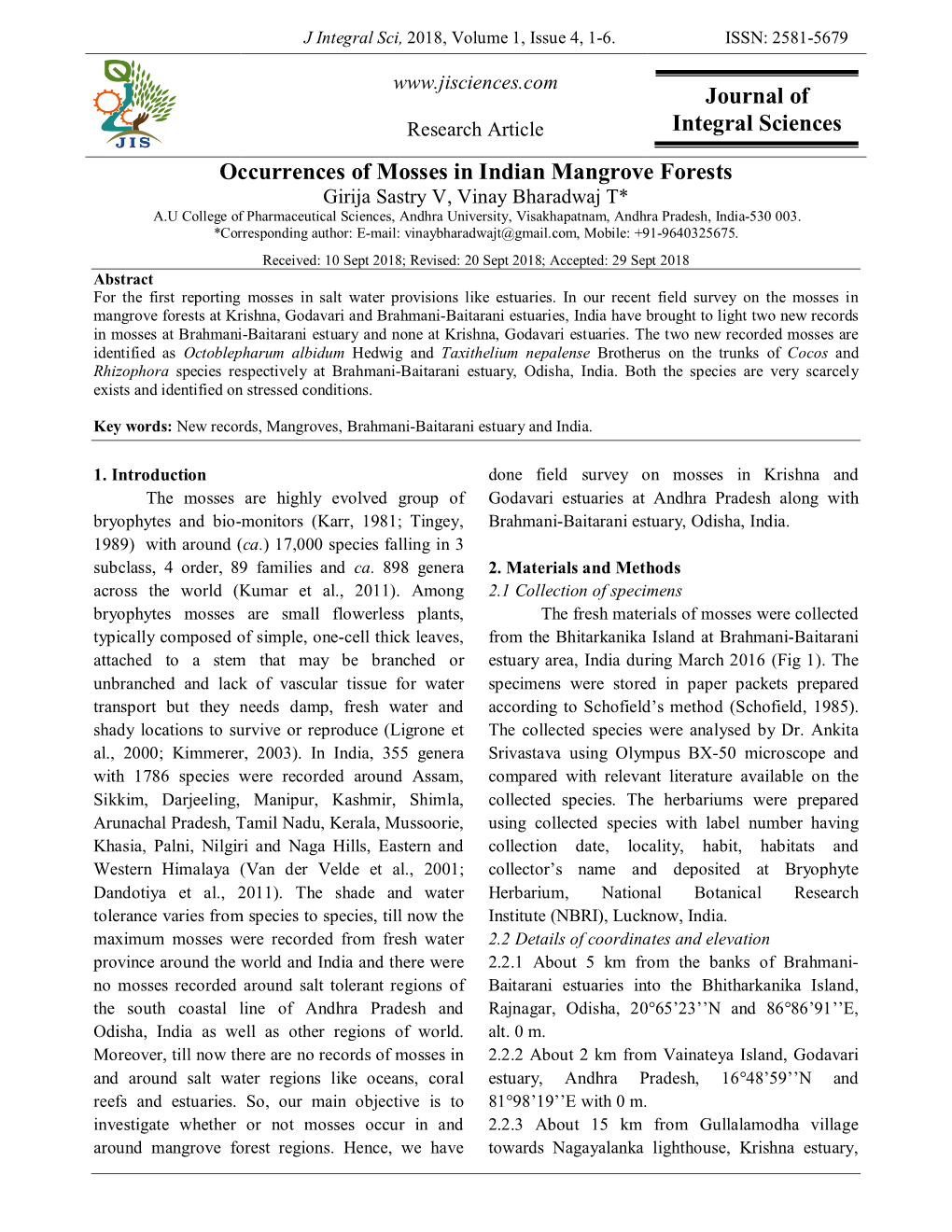 Journal of Integral Sciences Occurrences of Mosses in Indian