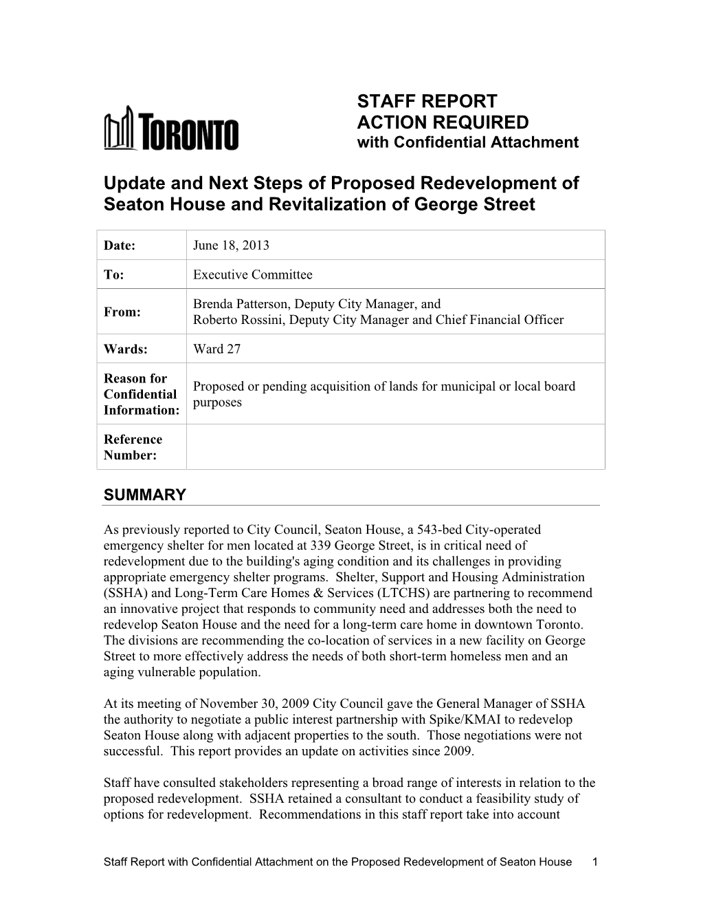 Update and Next Steps of Proposed Redevelopment of Seaton House and Revitalization of George Street