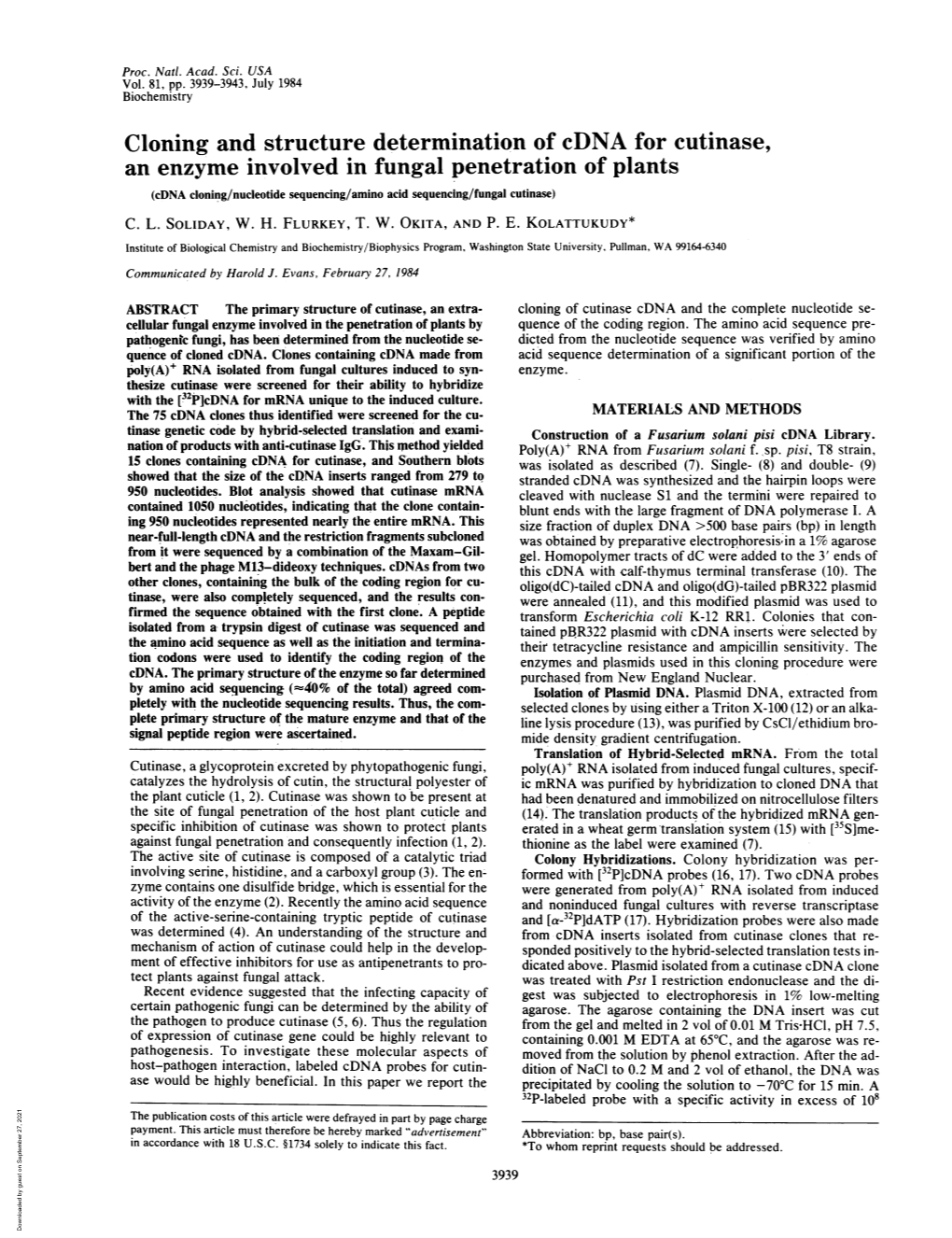 Cloning and Structure Determination of Cdna for Cutinase, an Enzyme